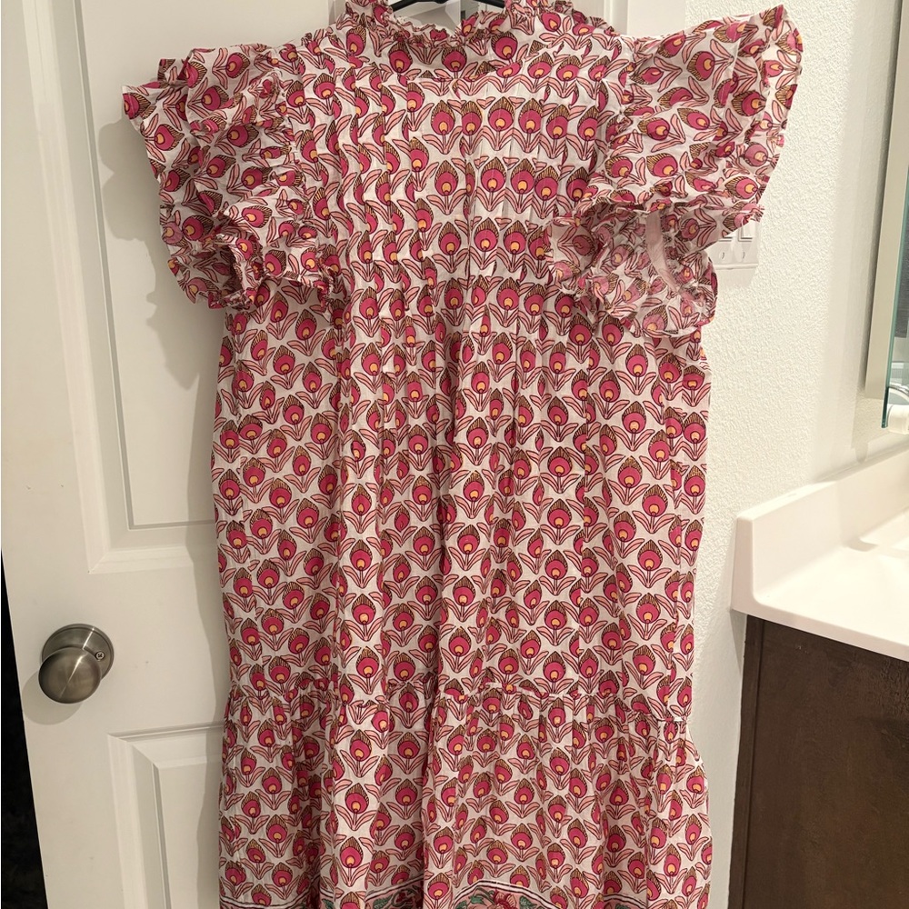 Victoria Dunn Pink and White High-Low Ruffle Sleeve Dress